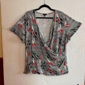 Talbots Woman Shirt/Top Nautical Graphic Faux Wrap Short Sleeves Size 2X